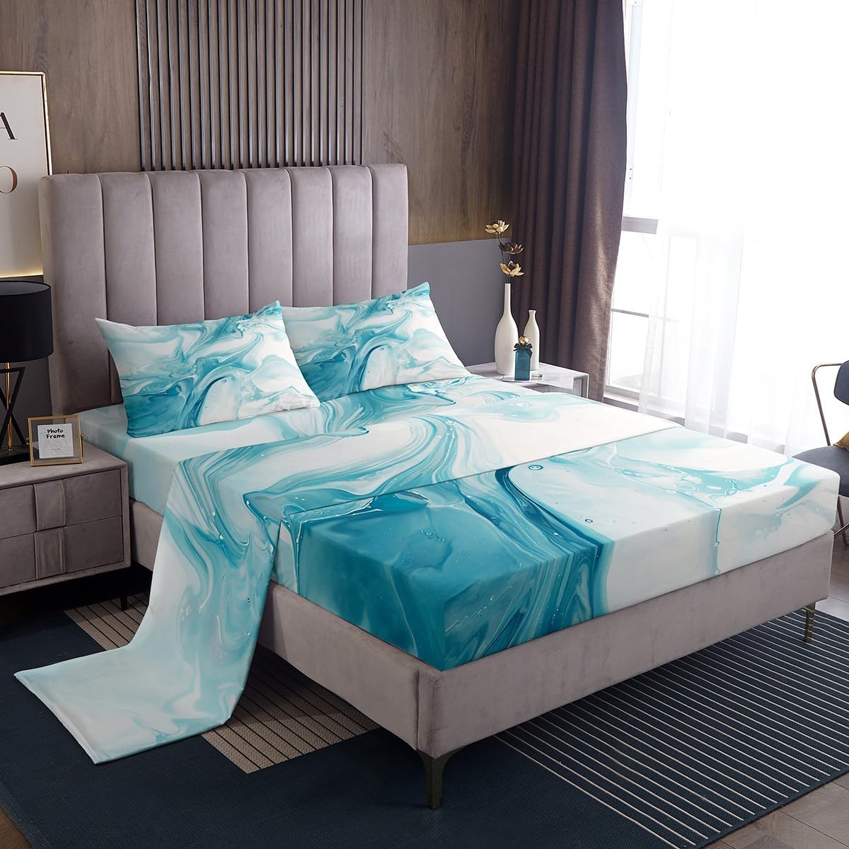 Erosebridal Marble Fitted Sheet - White Blue Marble Bed Sheets - Extra Soft Sheet Set- Deep Pockets - 1 Fitted Sheet, 1 Flat, 1 Pillow Cases - 3 Piece (Twin, White) Bedroom Livingroom Decor