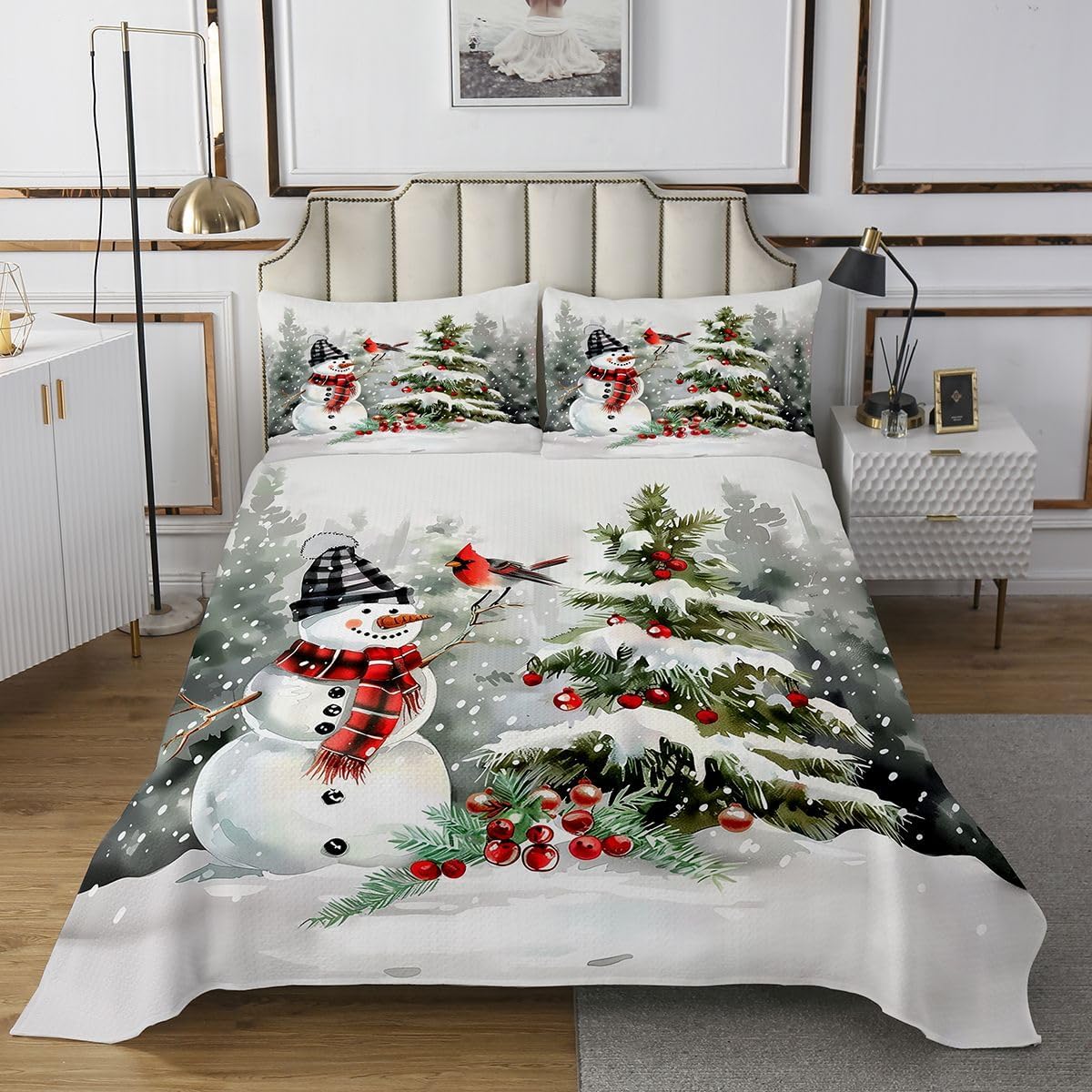 jejeloiu Merry Christmas Bedspread Quilts Snowflake Coverlet Set Twin Size for Kids Boys Girls Xmas Tree Quilted Coverlet for All Season with 1 Pillowcase Snowman Microfiber