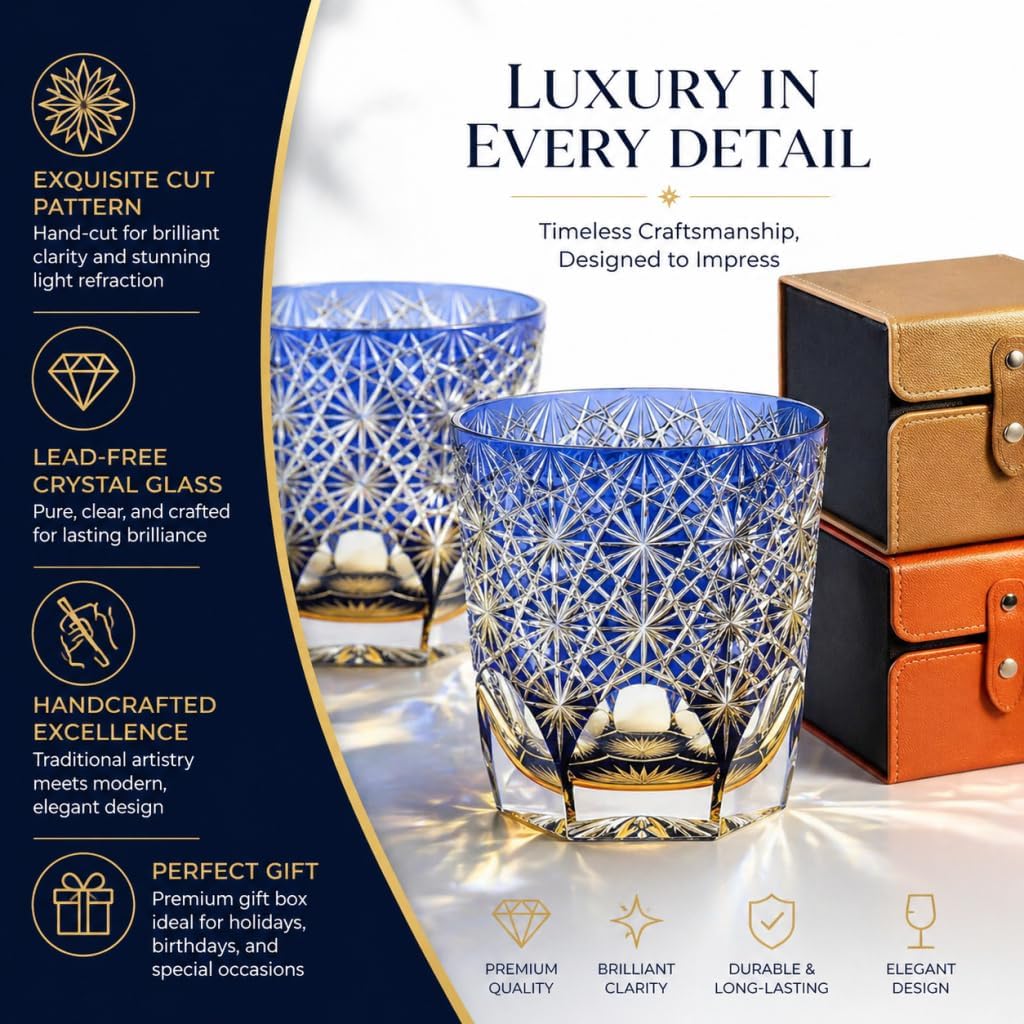 Hand-cut crystal whiskey glasses perfect as a gift edo kiriko whiskey glass suitable for serving cocktails vodka and whiskeycomes with a Luxurious gift box and ribbon (1piecese)