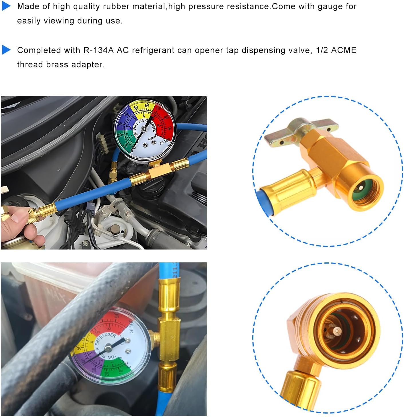 Sun Walker R134A AC Refrigerant Charge Hose Kit, Car Air Conditioning Recharge Kit with Pressure Gauge & 1/2" Self-Sealing Valve, U Charge Hose for Car Home AC Refrigerant System
