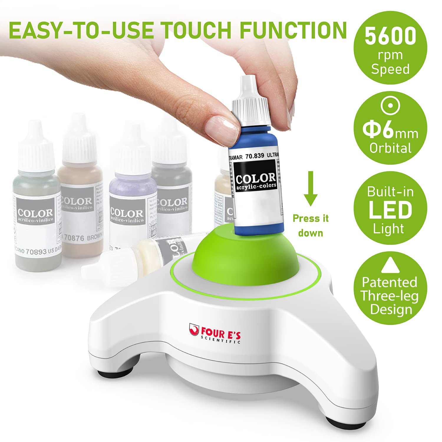 Produktbild von FOUR E'S SCIENTIFIC Mini-Vortex-Mischer – 5000 U/min, Leise, Inkl. 100 Edelstahlkugeln, Für Nagellack, Tinte, Kleber