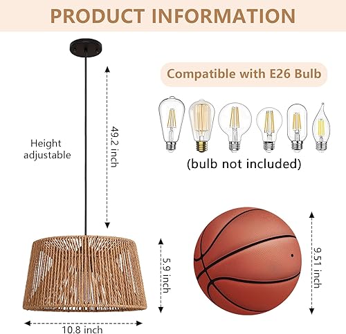 Miniatura 4 de Lámpara colgante de ratán, lámpara colgante bohemia para isla de cocina, lámparas de techo de mimbre tejido a mano, candelabro de ratán natural