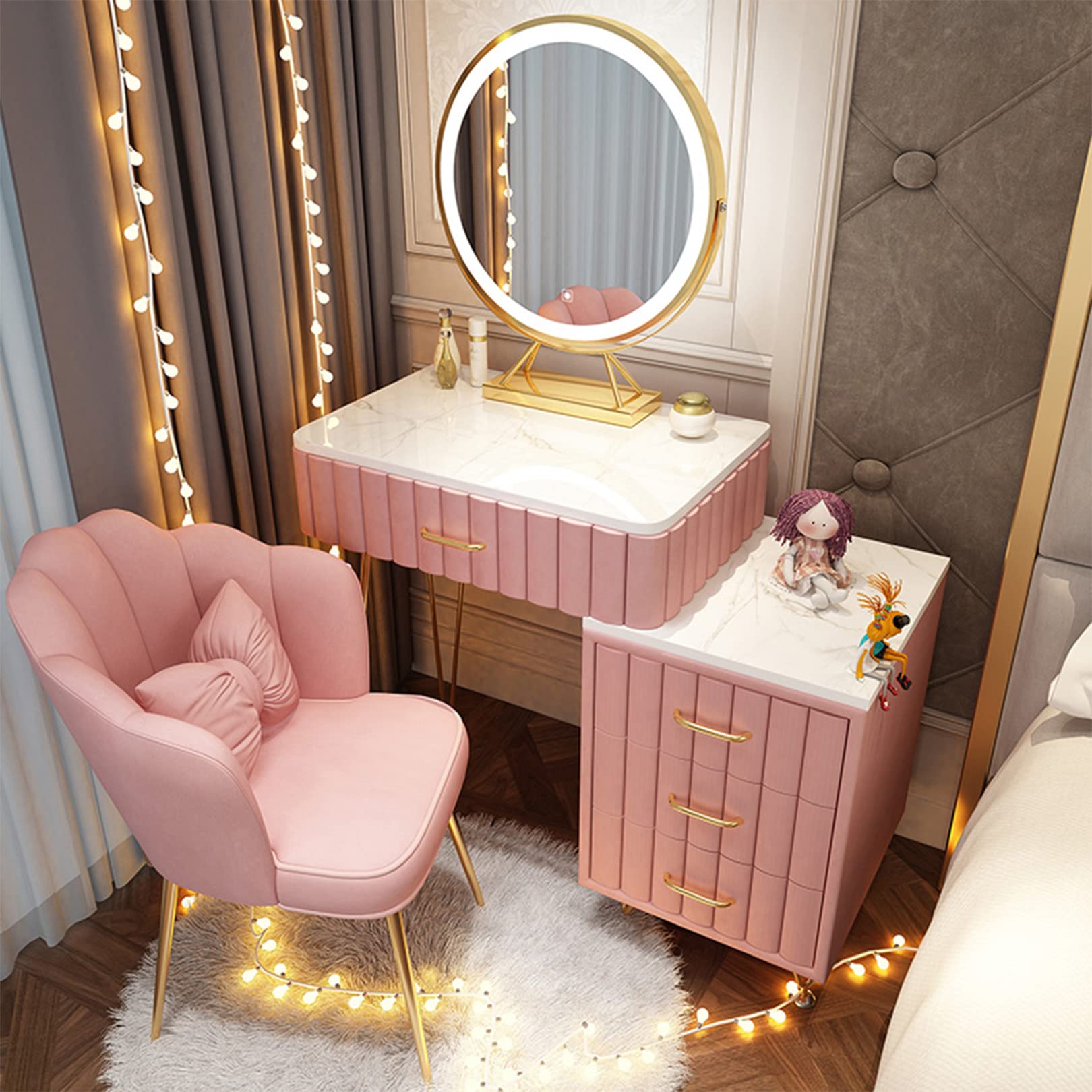 CGCSYZ Modern Pink Vanity Desk with Adjustable Brightness LED Mirror 4/5 Drawers Stool Included Stylish Makeup Table for Bedroom(Pink-60cm)