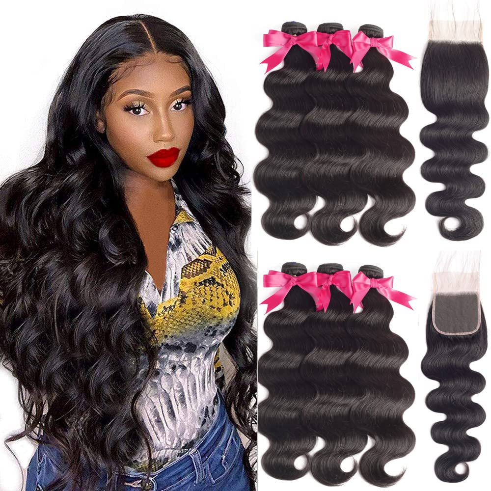 (26/28/30+50cm , Bundles with Closure) - Beaudiva Hair 8A Brazilian Virgin Hair 3 Bundles with Closure (26/28/30+50cm ) Brazilian Hair Weave 100% Unprocessed Brazilian Human Hair With Free Part Lac...