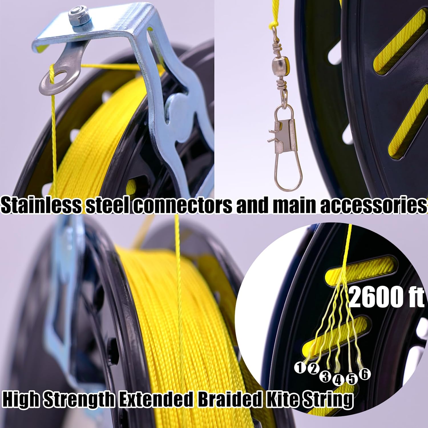 Kite Reel with Upgraded Braking and Anti-Reverse Function, Sizes 9.5 to 11.03'', Kite String in Lengths of 2100 to 2800 Feet, Large-Size Grip, Any Position Can be Locked, Kite String Spool for Adults