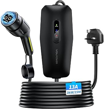 EV Charger Type 2 to 3 Pin Plug, 13A 230V Portable EV Car Charger with 15M Long Cable, LED Status Indicators, IP65 Waterproof Electric Vehicle Charging Station for EVs & PHEVs