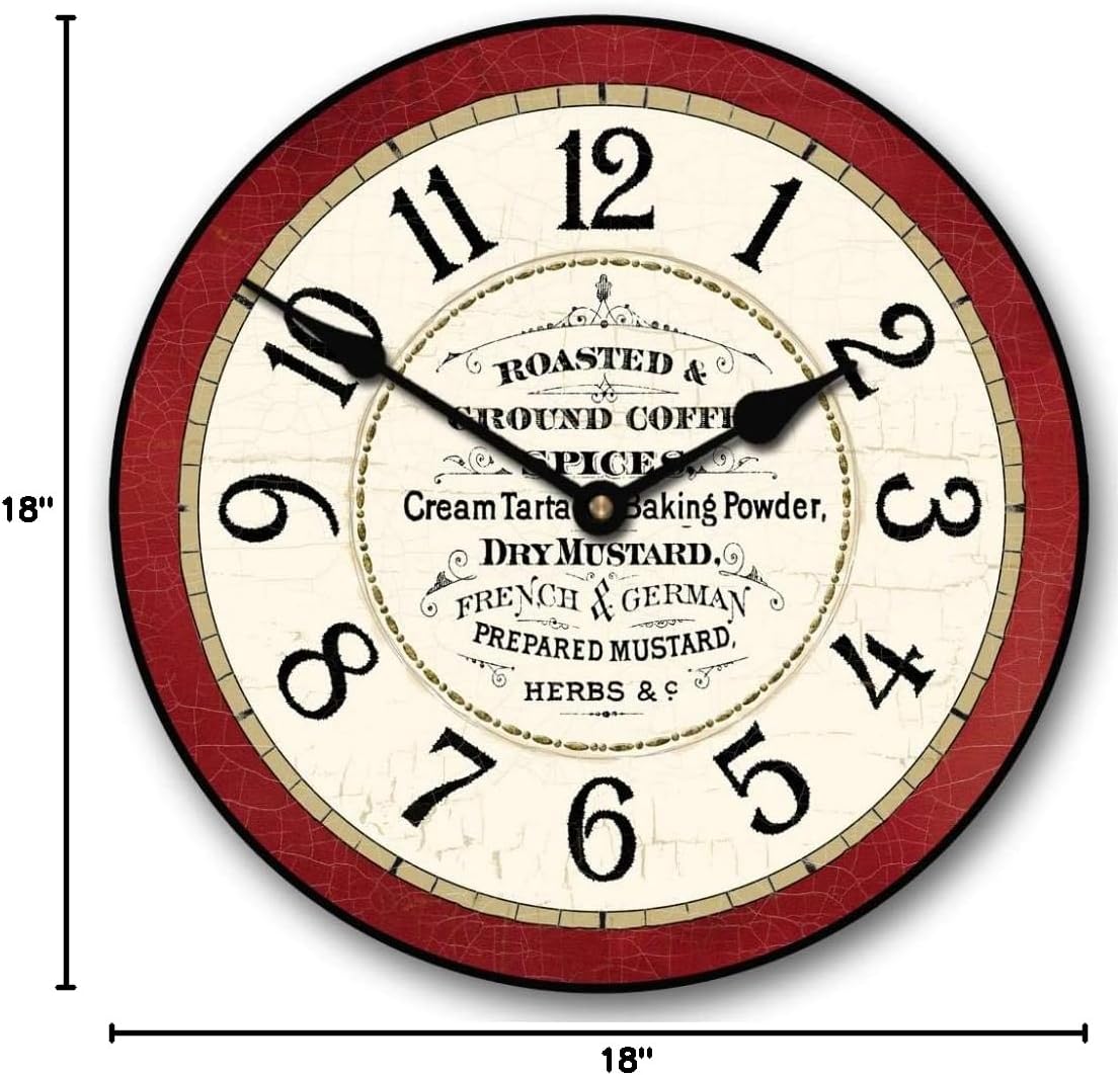 Kitchen Pantry Clock Wall Clock | Ultra Quiet Quartz Mechanism | Hand Made in USA Beautiful Crisp Lasting Color | Comes in 8 Sizes | 18-Inch
