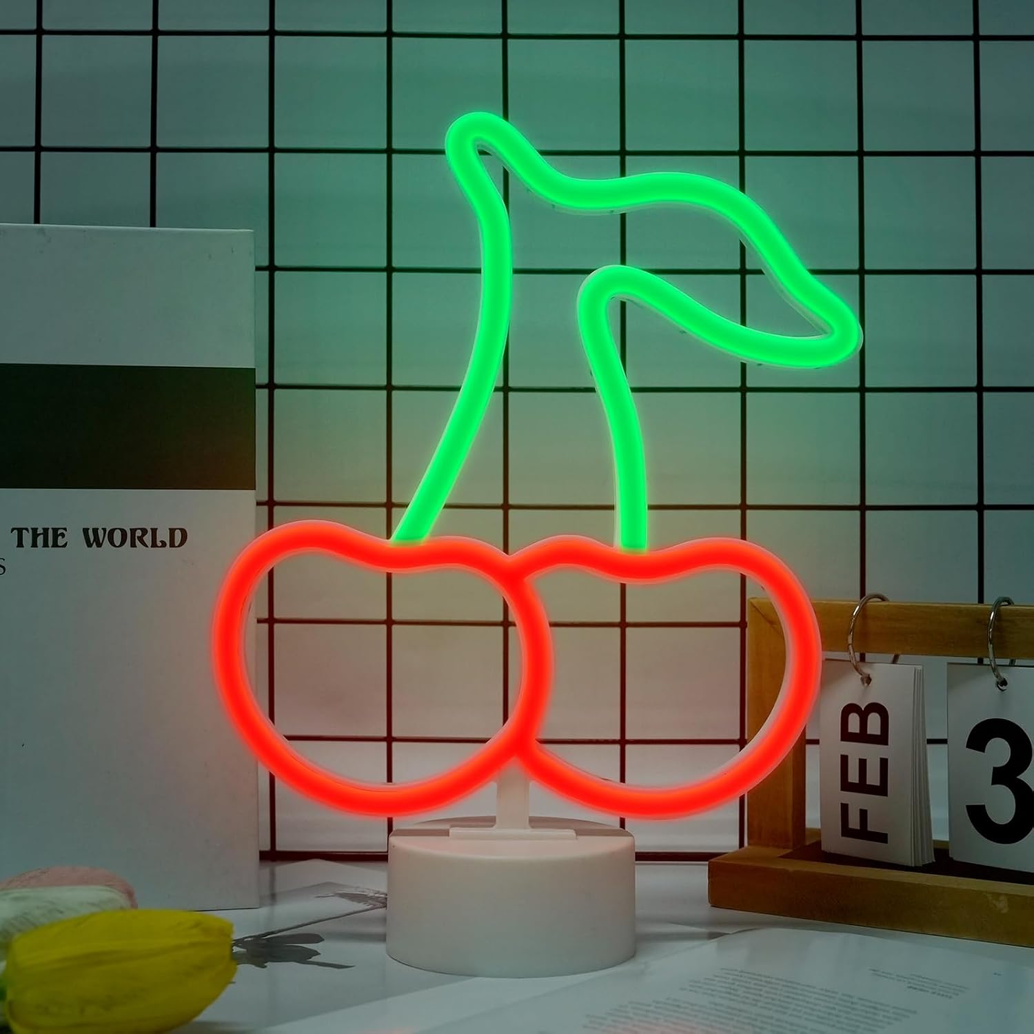 Cherry Neon Sign with Base for Wall Decor Red Green Cherry Lights LED Signs Gift for Women Fruit Shape Neon Signs Cereza Birthday Party Home Living Room Decoration USB/Battery Powered