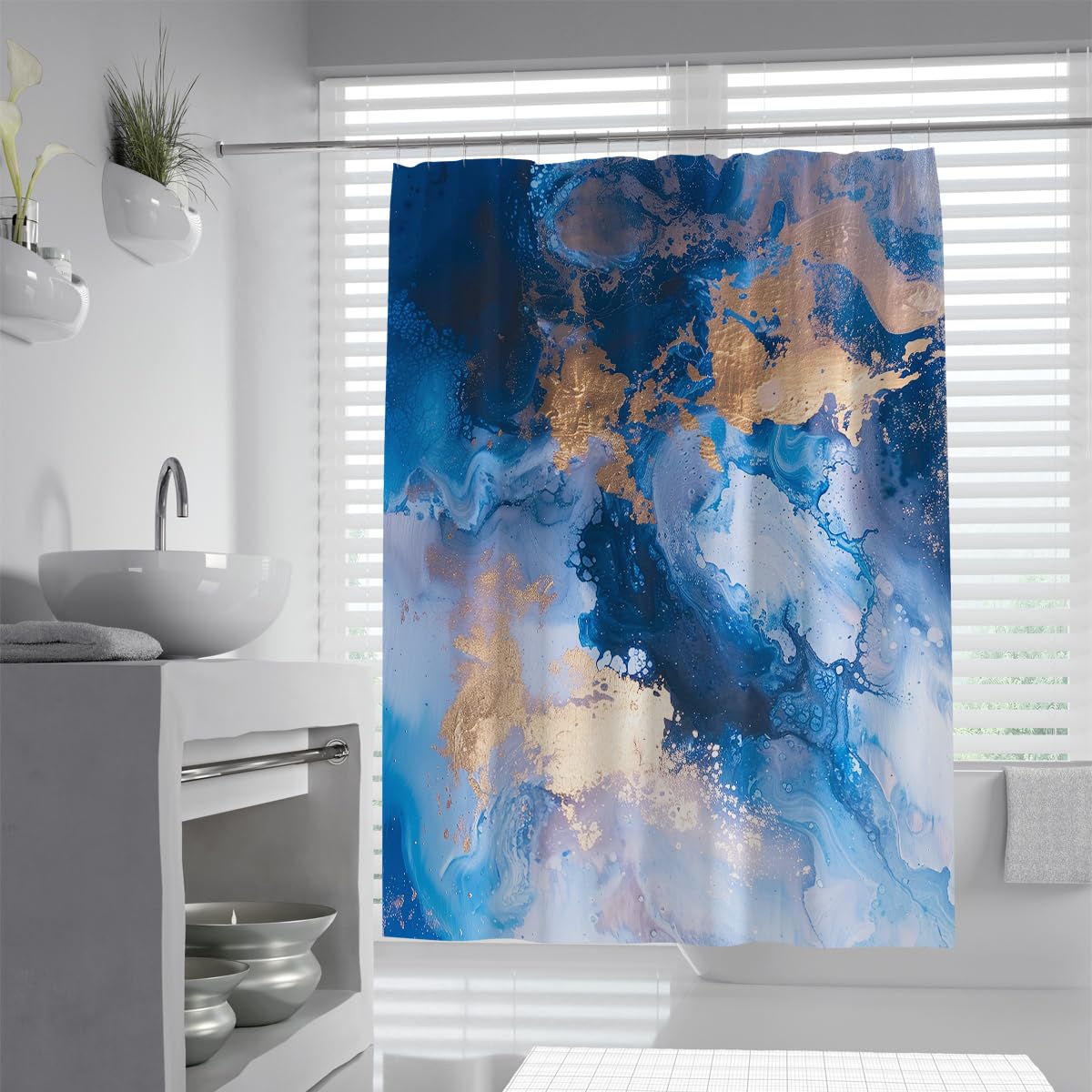 UIRINGART Galaxy Shower Curtain W150xL200cm Abstract Dark Navy Blue Gold Foil Texture Fluid Swirls Mildew Mould Resistant Polyester Fabric Apartment Bath Curtains