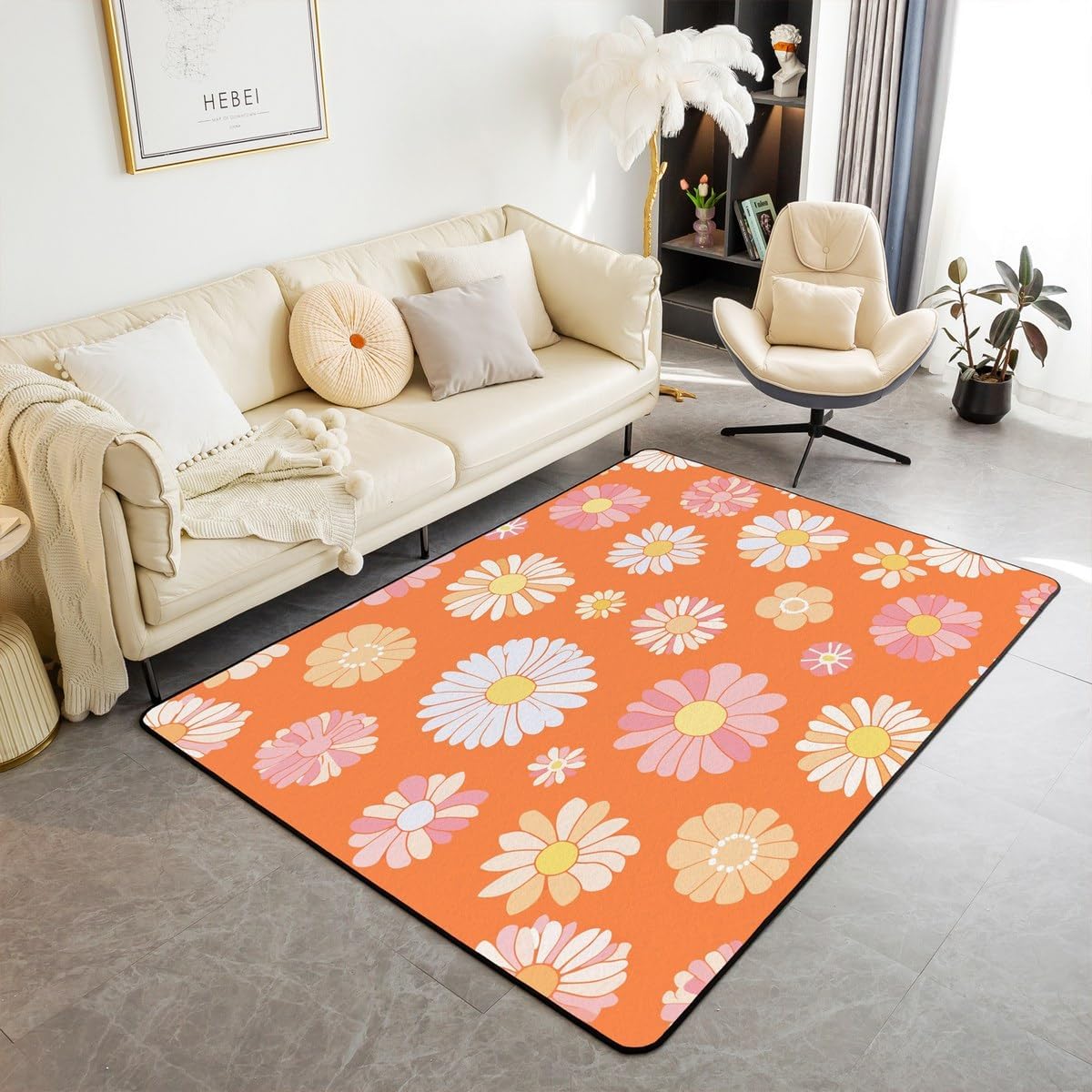 jejeloiu 60S 70S Groovy Area Rug 5x7 Inch Retro Hippie Flower Indoor Floor Mat Vintage Boho Plant Floral Living Room Rugs Botanical Blossom Brown Accent Rug
