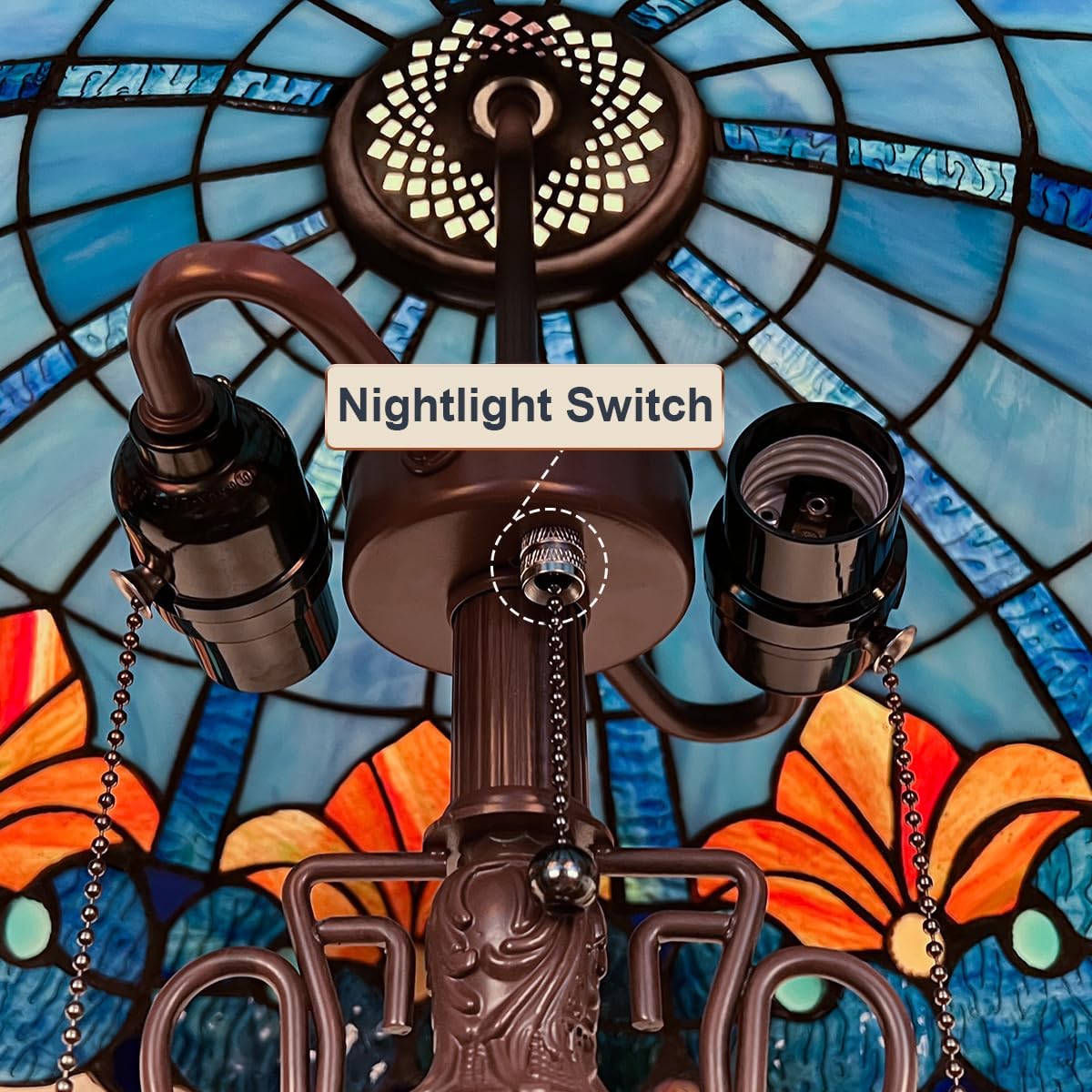 Tiffany Table lamp with nightlight,Blue Stained Glass Desk Light - Antique Style 16” Large 3-Lights Nightstand Bedside Reading Light for Living Room Bedroom Office