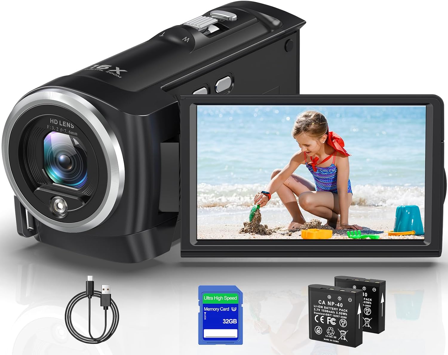 2.7K Video Camera Camcorder 16X Digital Zoom QHD 50MP YouTube Vlogging Camera Webcam 270 Degree Rotation Screen Camcorders with 32G SD Card and 2 Batteries Recording While Charging