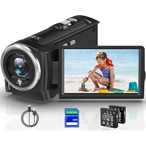 2.7K Video Camera Camcorder QHD 50MP YouTube Vlogging Camera Webcam 16X Digital Zoom with 32G SD Card 270 Degree Rotation Screen Camcorders and 2 Batteries