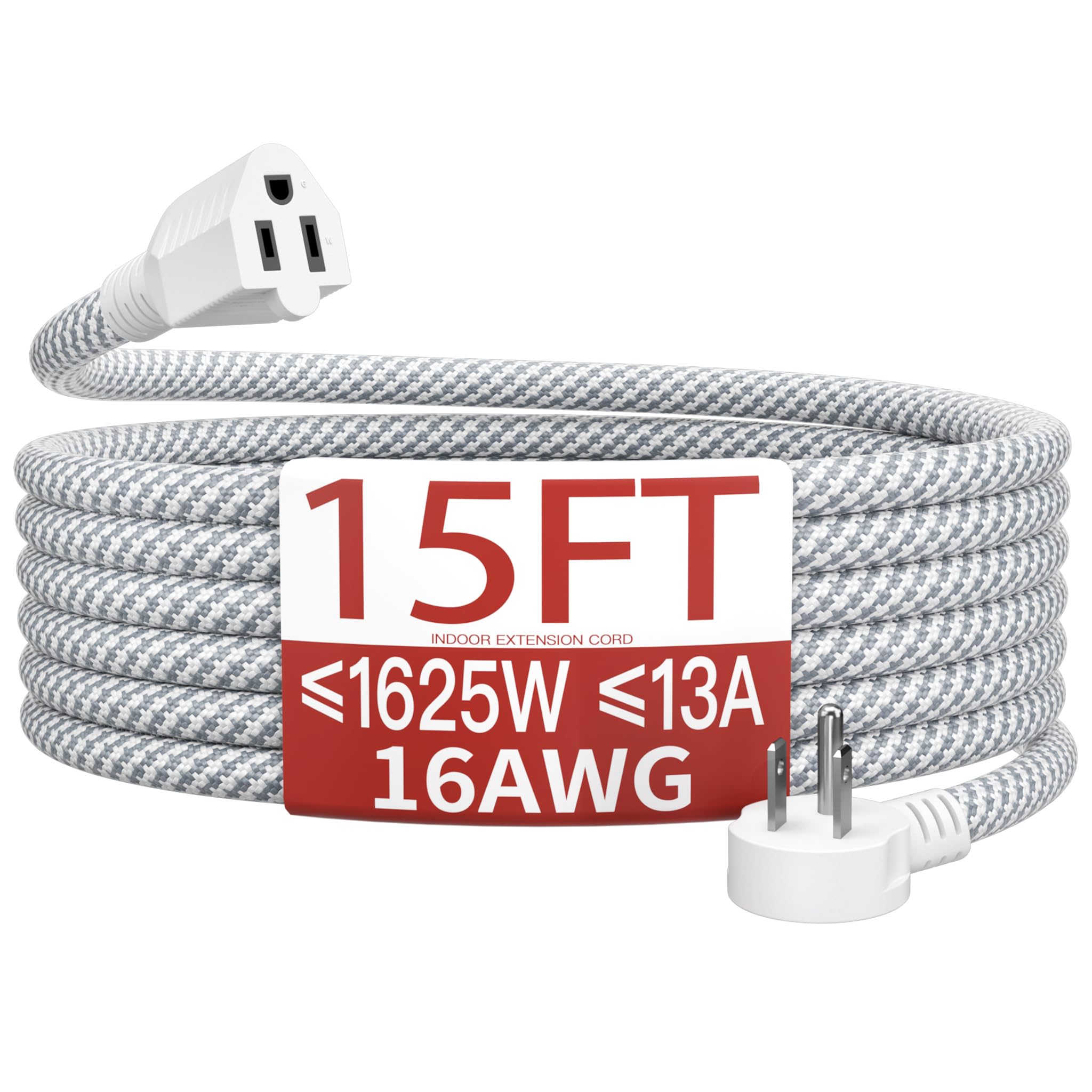 Skrizcable 16/3 15FT Flat Plug Braided Extension Cord, 3 Prong Power Cable