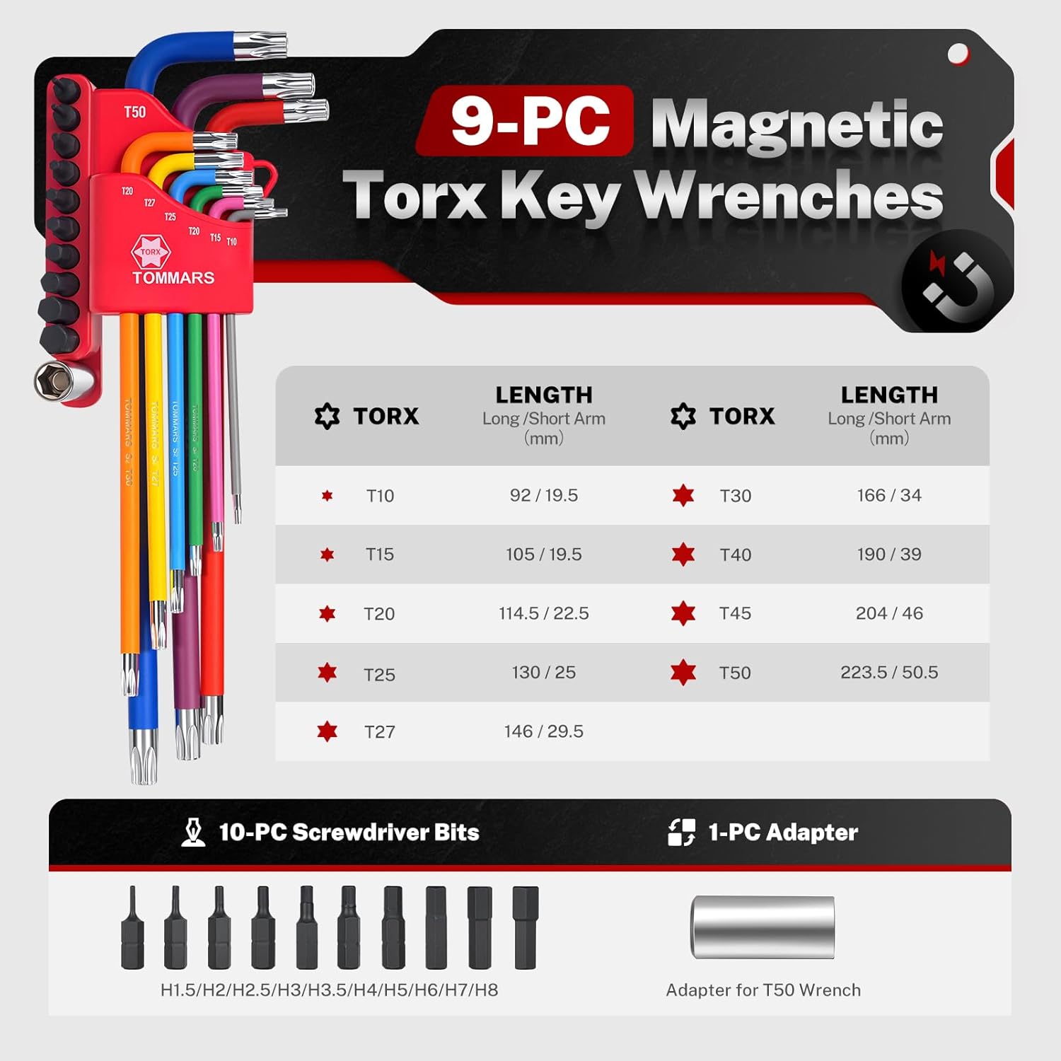 TOMMARS 20-PC Magnetic End Torx Wrenches Set,Color Coded and Extra Long Arm TORX(T10-T50) With Hex Bit Set and Adapter