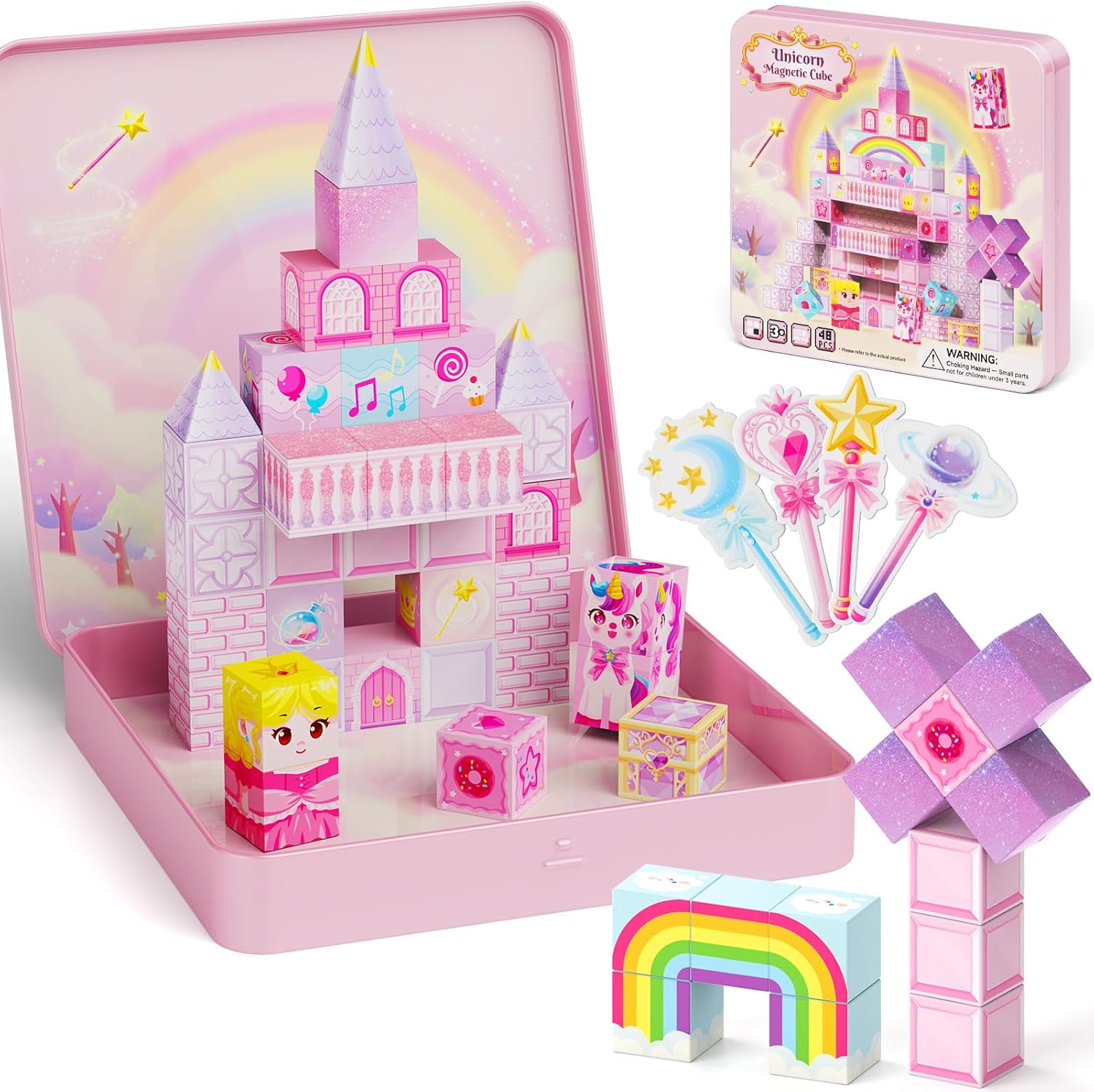 Unicorn Magnetic Blocks for Girls Air Travel : Exclusive Cones & 4 Wands - 45s Cleanup 355g Tin - Princess Toys Ages 3-8