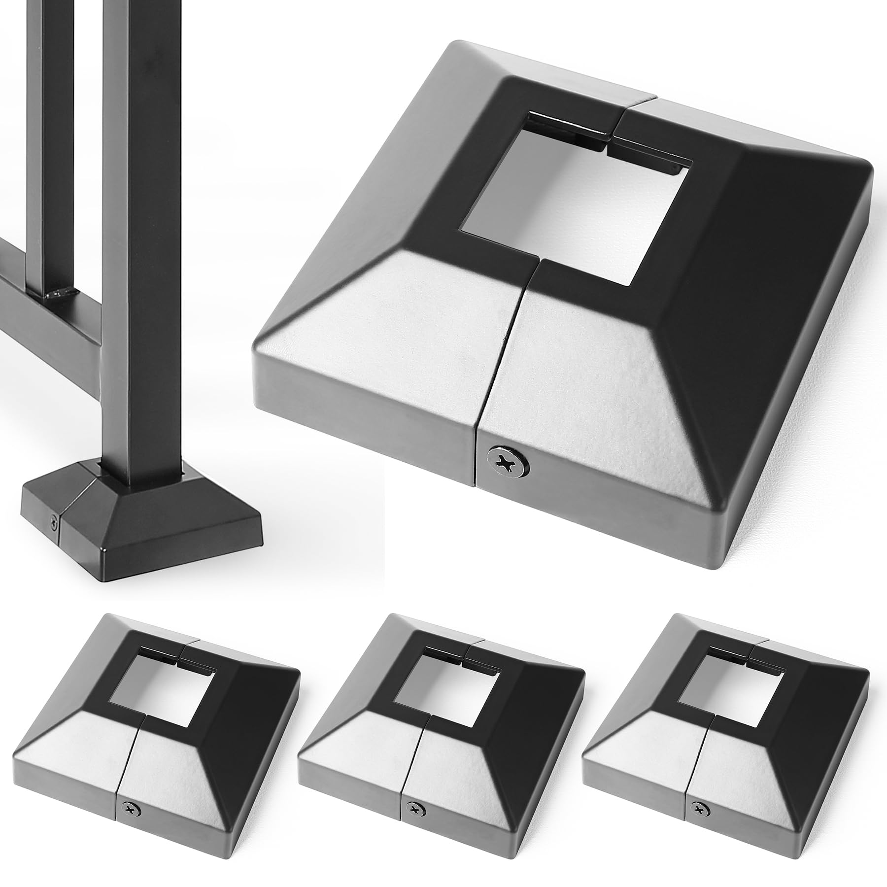 Brukid 1.5" Post Base Cover, Split Type Post Skirt, for Indoor/Outdoor Iron Deck Railing, Stair Post Base Decorative Post Covers Skirt (4Pack-Black)