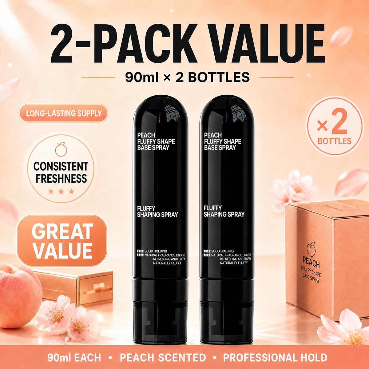 Fluffy Hair Shaping Spray, Housewor Peach Volumizing Setting Spray for Lightweight, Bouncy Hair and Long-Lasting Hold, Effortless Natural Lift(2pcs)