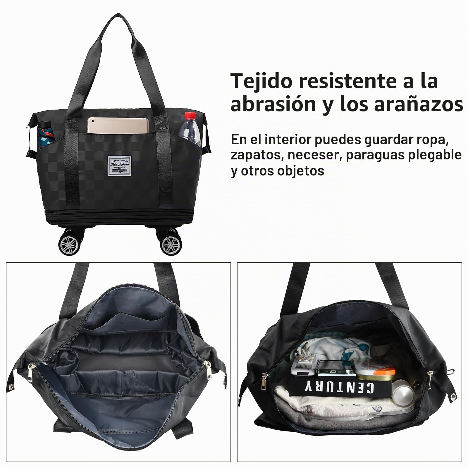 Dokeno Genérico Bolsa de Viaje Plegable con Ruedas, Bolsa de Fin de Semana Gran Capacidad, Impermeable para Mujeres y Hombres (Negro)