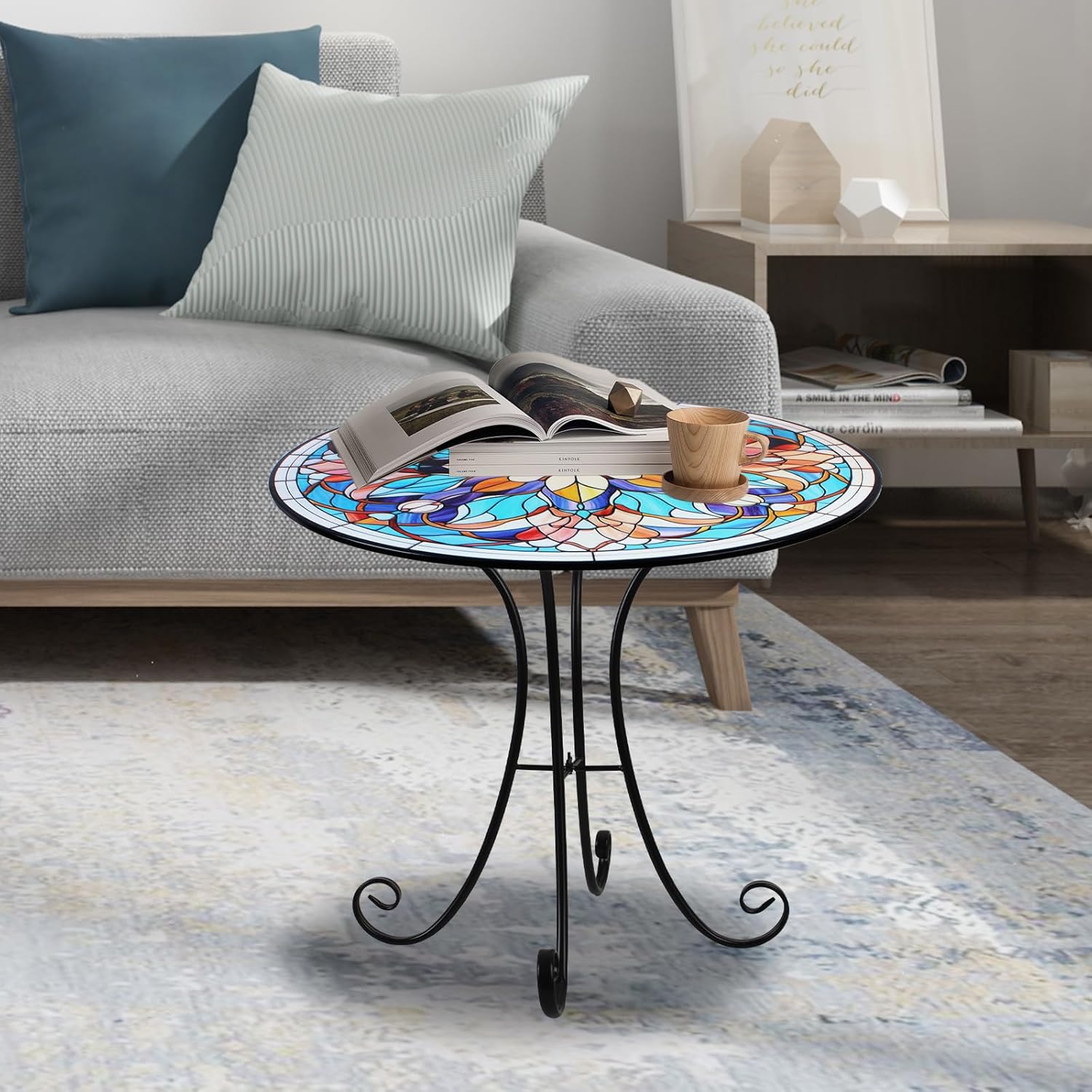 Mosaic Side Table Outdoor, 18 Inch Metal Accent Table, Indoor Small Round End Tables, Plant Stand Tables for Patio Yard Balcony Garden Bedside