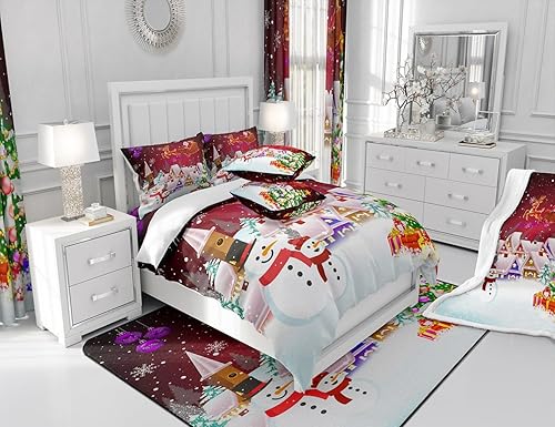 Miniatura 6 de Manfei Juego de edredón de Navidad, tamaño King, juego de ropa de cama de árbol de Navidad de muñeco de nieve, 3 piezas para decoración de