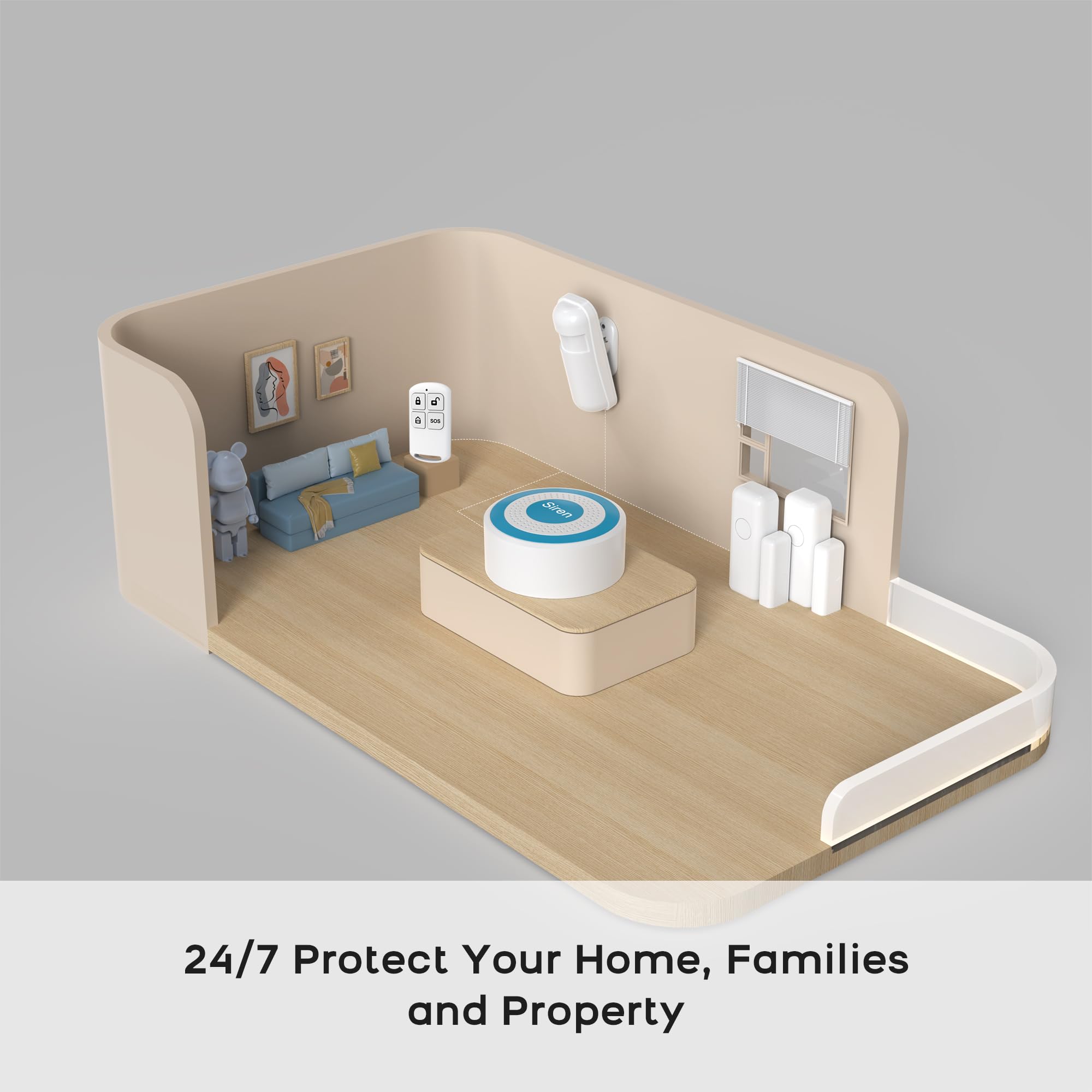 XNY Systèmes de sécurité pour maison intelligente, systèmes d'alarme sans fil avec 4 capteurs de porte et fenêtre, 1 détecteur de mouvement, 2 télécommandes, WiFi 2,4 GHz, notification d'application