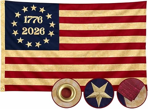250th Anniversary Flag Tea-Stained Vintage Style 3x5 Ft Deluxe Water Resistant Heavy Duty Super Tough Spun Polyester/Embroidered Design/Sewn Stripes/Brass Grommets,US Flags Perfect for Outside