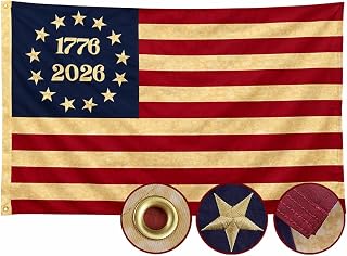 250th Anniversary Flag Tea-Stained Vintage Style 3x5 Ft Deluxe Water Resistant Heavy Duty Super Tough Spun Polyester/Embroidered Design/Sewn Stripes/Brass Grommets,US Flags Perfect for Outside