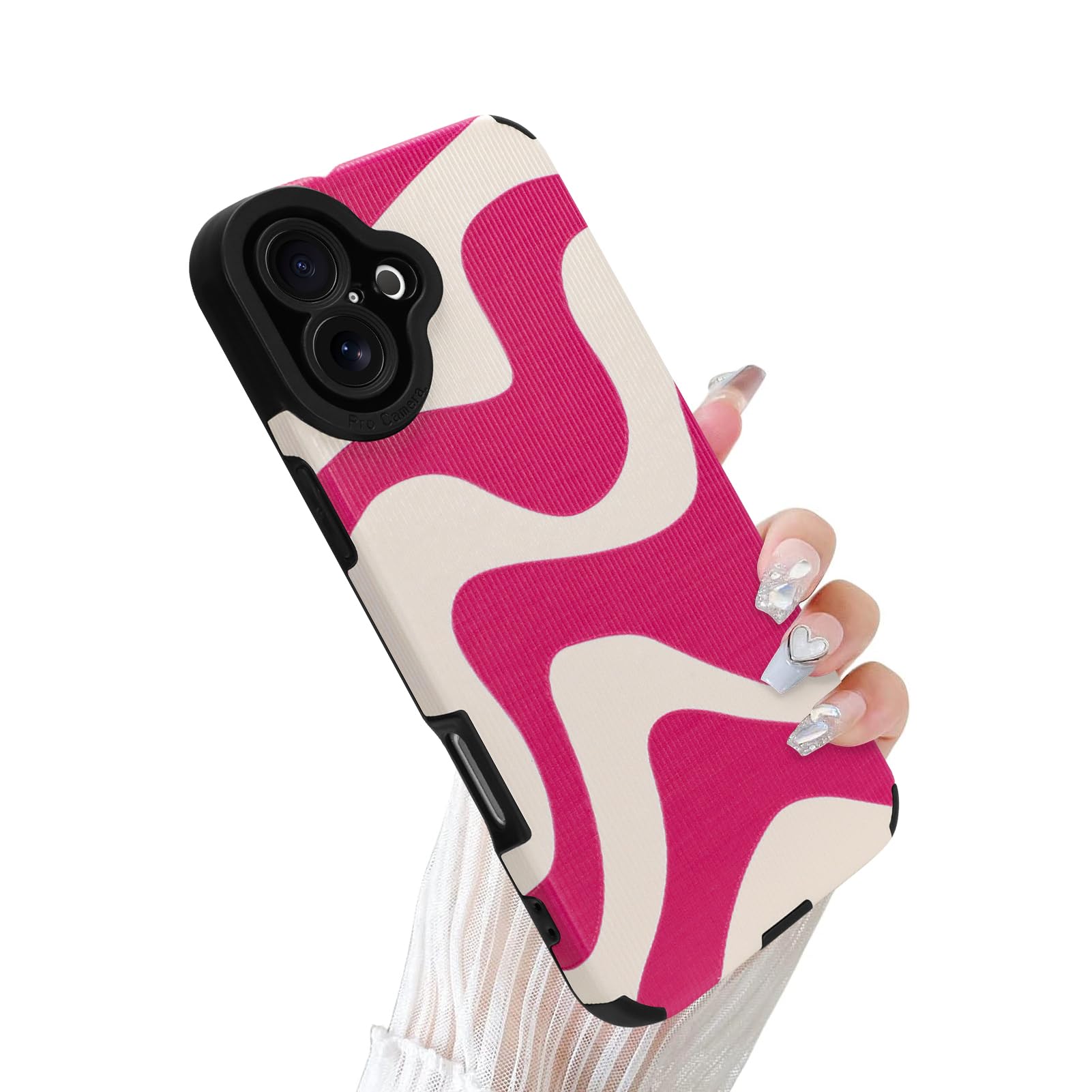 Wlxee Case for iPhone 16 Plus Wave Pattern Soft TPU Bumper PU Leather Cute Zebra Cover Designed for Female Girls - Pink White