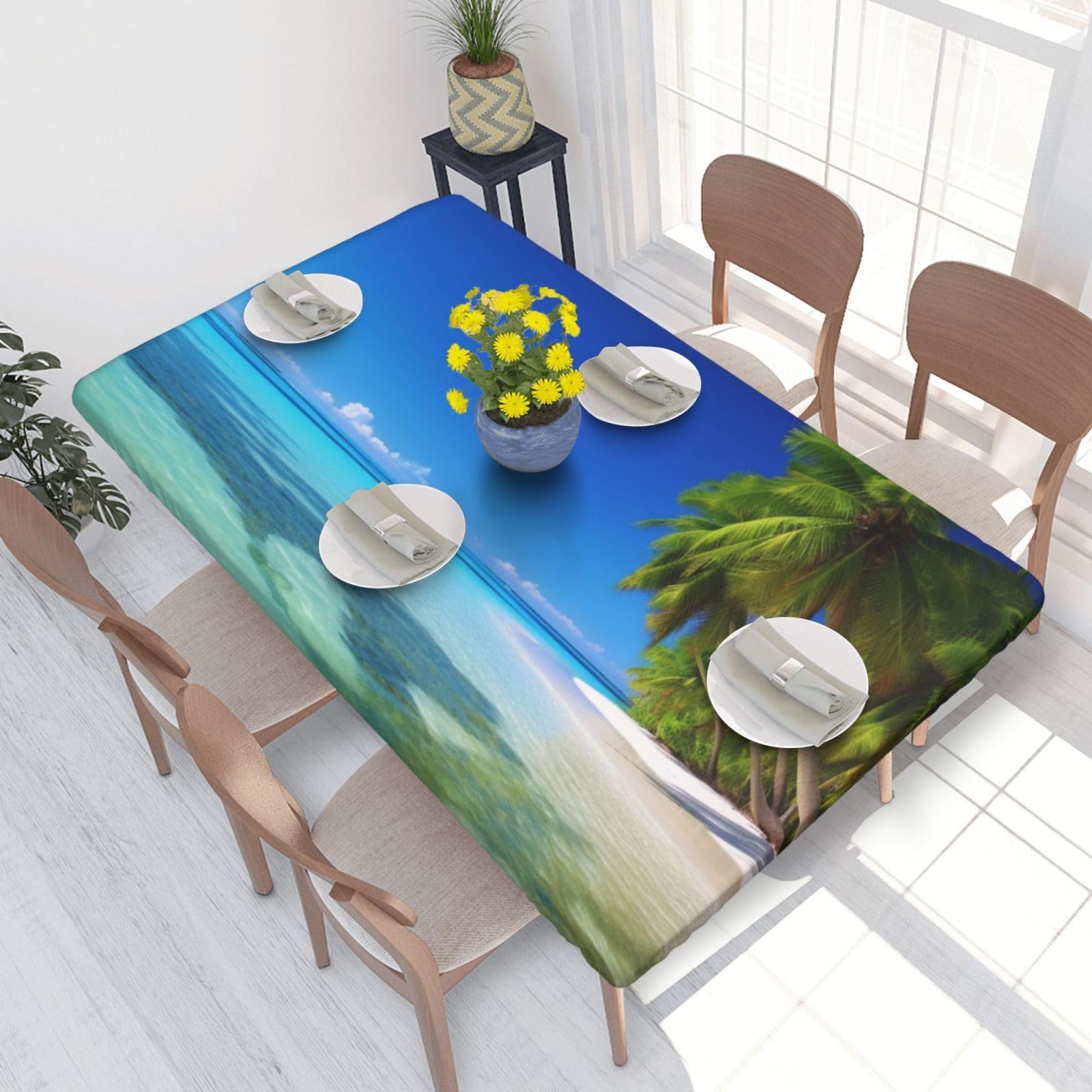DCARSETCV Palm Trees and Clear Sea Printed 4FT Waterproof Tablecloth with Elastic Edged Protect & Decor Your Table, Oil-proof Washable Table Cloth Cover for Dinner Picnic Party