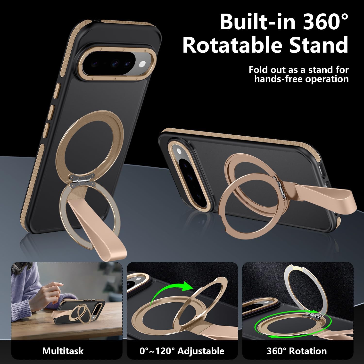 TIANNIUKE for Google Pixel 10 Pro Case/Pixel 10 Case 360°Rotatable Magnetic Ring Holder Stand with Silicone Strap, Fit for MagSafe Mil-Grade Shockproof Translucent Matte Phone Cases (Desert Gold)