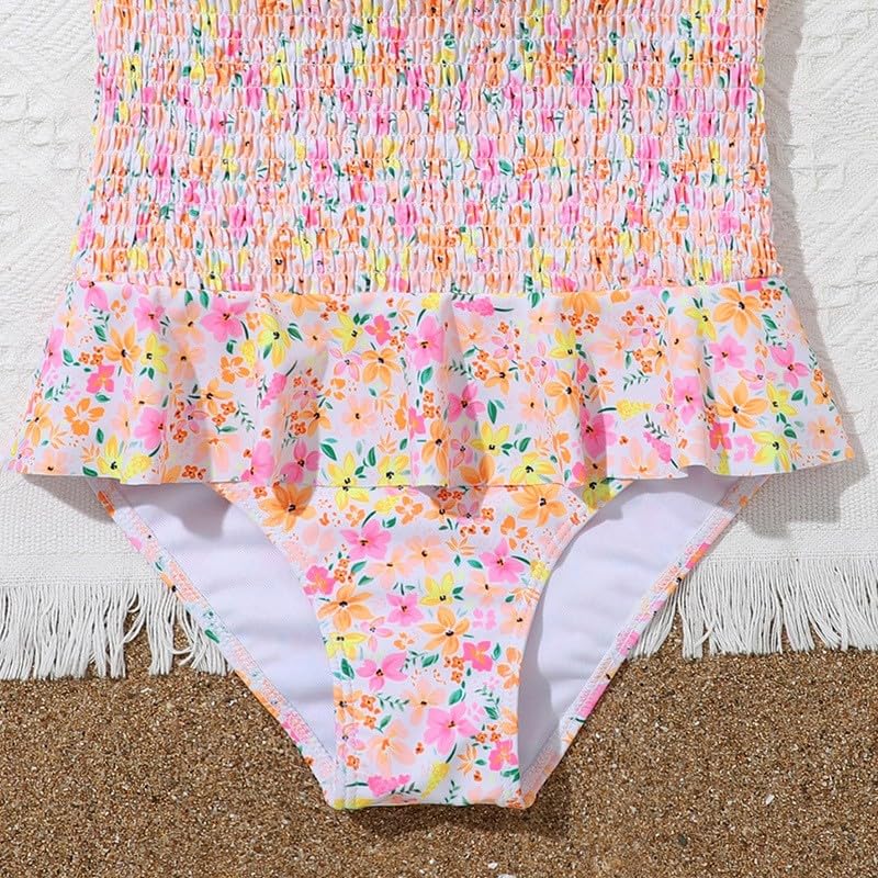 Girls Cute Floral Print Ruffle Straps Smocked Swimsuit 1 Piece Kids Modest Bathing Suit Beach Romper4
