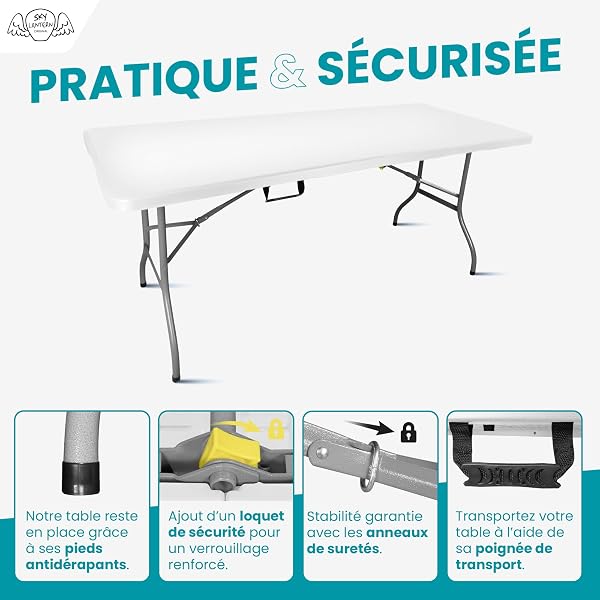 SKYLANTERN Folding Table 180 x 75 x 74 cm Rectangular Light Grey – Folding Camping Table for 8 People Large Width (75 cm) – Outdoor Folding Table in HDPE Thick 3.5 cm – Garden Table with Legs - 4