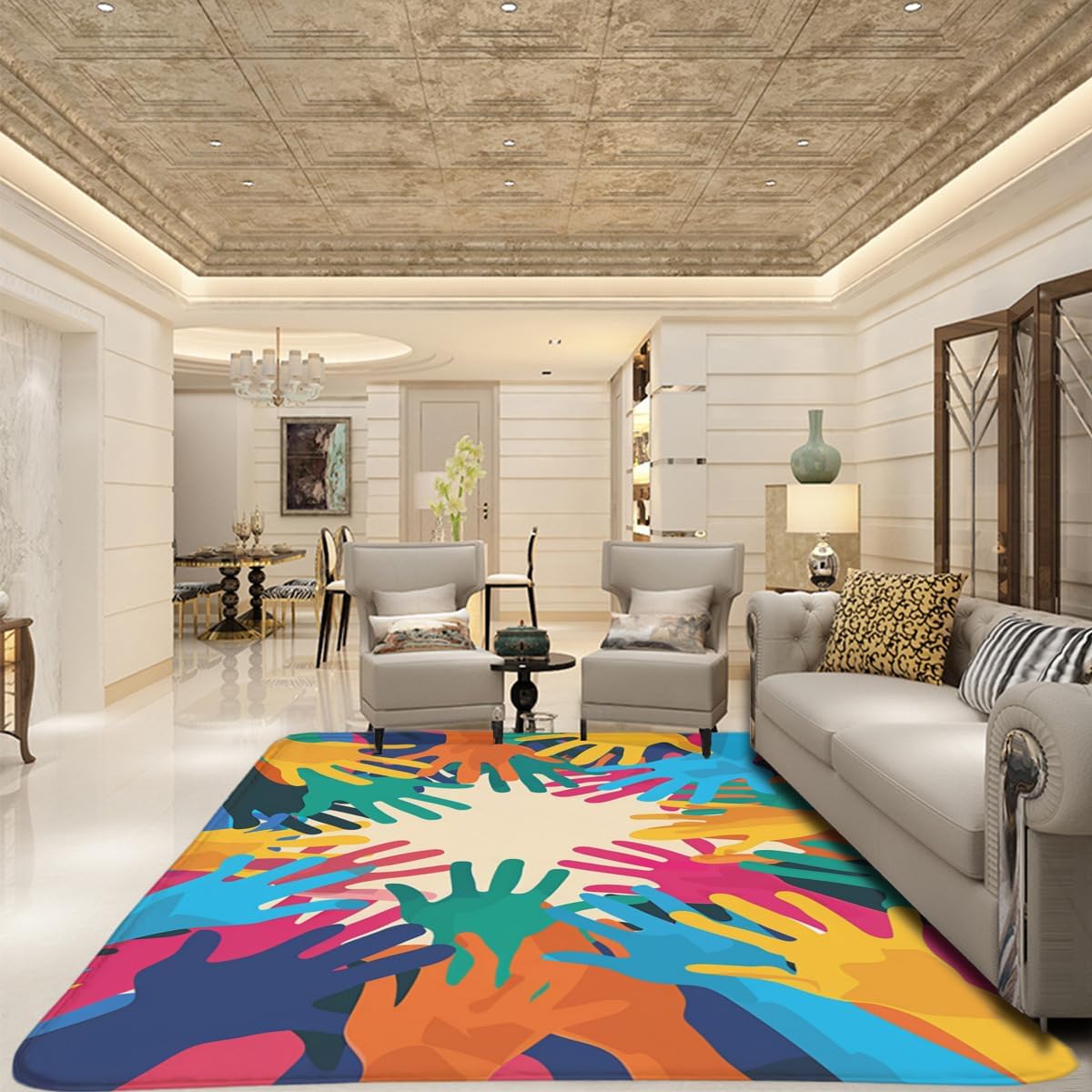 Graffiti Handprint Rug - Colorful Children's Rug, Abstract Style Washable Colorful Handprint Carpet, Non-Slip Playmat Super Soft Flannel Carpet for Living Room and Game Room Decoration 60x80inch