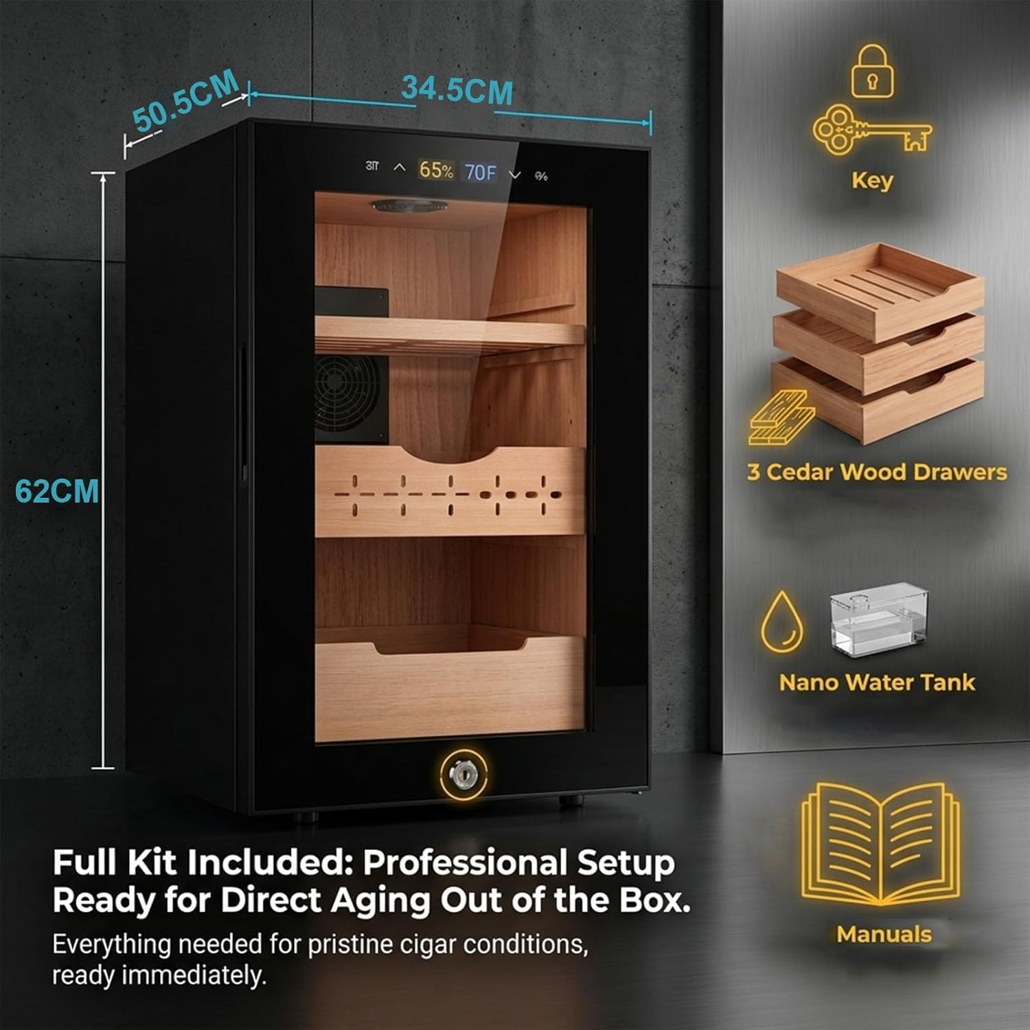 Electric Cigar Humidor 46 Litre 200 Count PTC Thermal Compensation, Luxury Corporate Gift For Clients Executives Business Gift, Sophisticated Smoking Room Decor Box