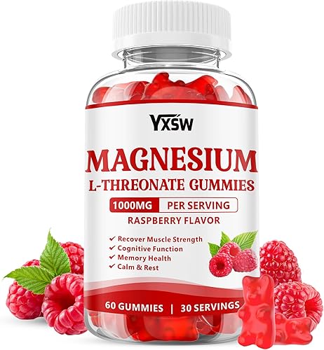 Gomitas de magnesio L-treonato de 1000 mg, suplemento de treonato de magnesio sin azúcar para niños y adultos, para apoyo muscular y sistema