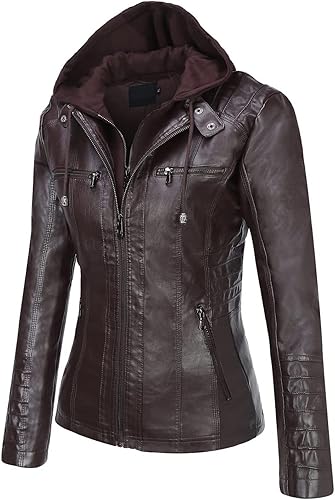 Miniatura 2 de Springrain Women's Faux Leather Jacket Moto Biker Coat with Detachable Hood Motorcycle Jacket