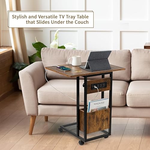 Miniatura 28 de Hadulcet Extremo de mesa C, bandeja de TV, mesas de sofá para laptop que se deslizan por debajo, lado en forma de C con ruedas, plegable, cena