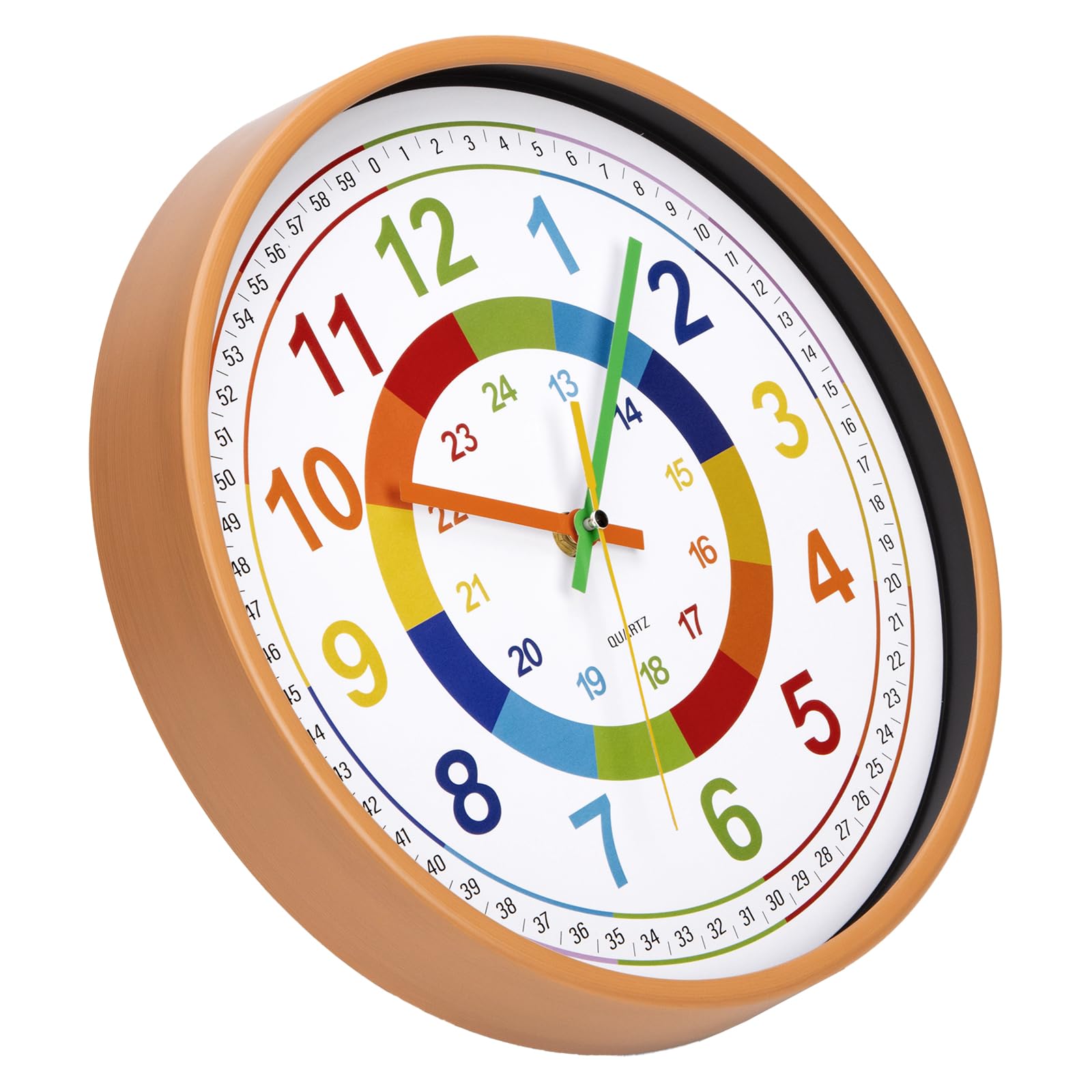 Wanduhr Kinder lautlos 30 cm Ablesen Farbenfrohe Kinderwanduhr Lernen Wohn- /Schlaf/Kinderzimmer großes Ziffernblatt Büro (Holzmaserung)