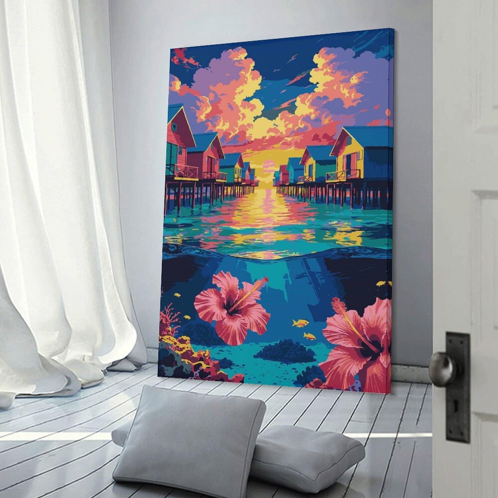 Junmoney Tropical Overwater Bungalows with Underwater Scene Canvas Wall Decor 24x36inch(60x90cm), for Home Lounge, Bedroom Or Reading Nook, A Home Accent with Warm Character