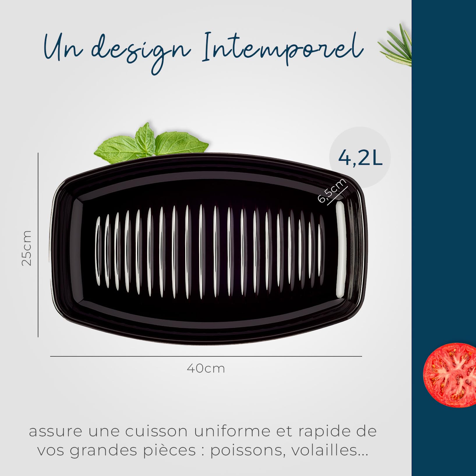 ESPRIT DE CUISINE - Plat À Four Poisson En Céramique - Cuisson Homogène - Émail Résistant Aux Rayures - Facile À Nettoyer - Made in France - 4,2L - 40x25x6,5cm Extérieur - Fusain Mat Noir