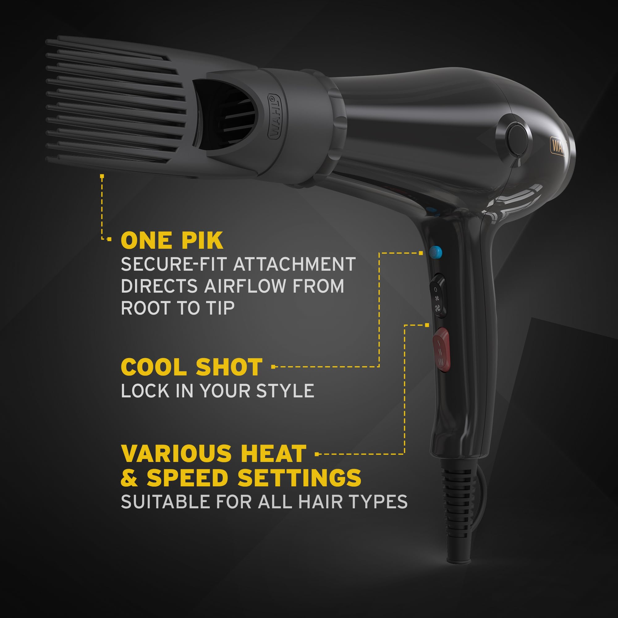 WAHL PowerPik 5000 Hairdryer, Sèche-cheveux pour femmes, embout Pik, sèche-cheveux afro, cheveux afro-caribéens, trois réglages de chaleur, séchage anti-frisottis