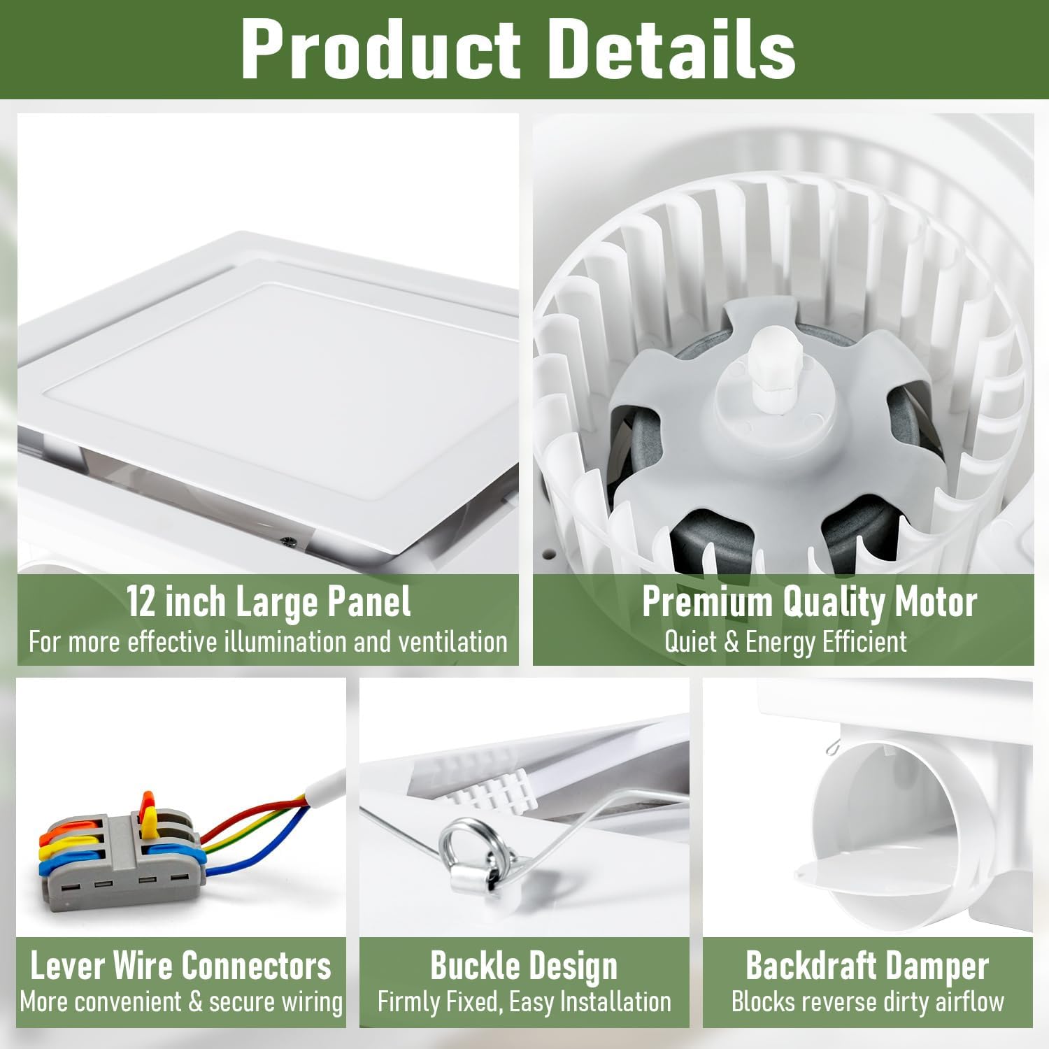 12 Inch Bathroom Exhaust Fan with Light, Vent Fan with Light 6000K 110CFM Quiet Bathroom Fan with Lever Wire Connectors&Duct