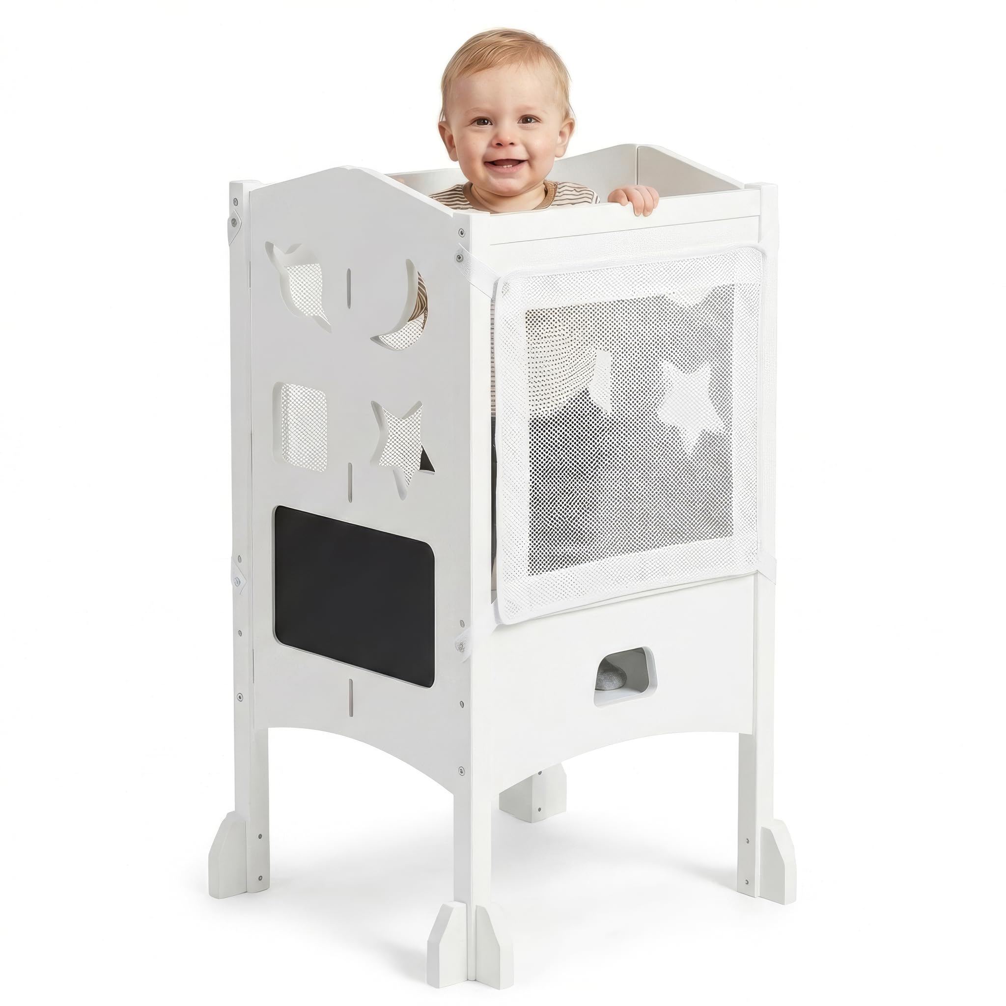 BabybeFun Lernturm ab 1 Jahr - Lernturm klappbar inkl. 360° Sicherheitsnetz - Extra Stabiler und massiver Learning Tower - vormontiert geliefert mit Anti-Kipp-Schutz