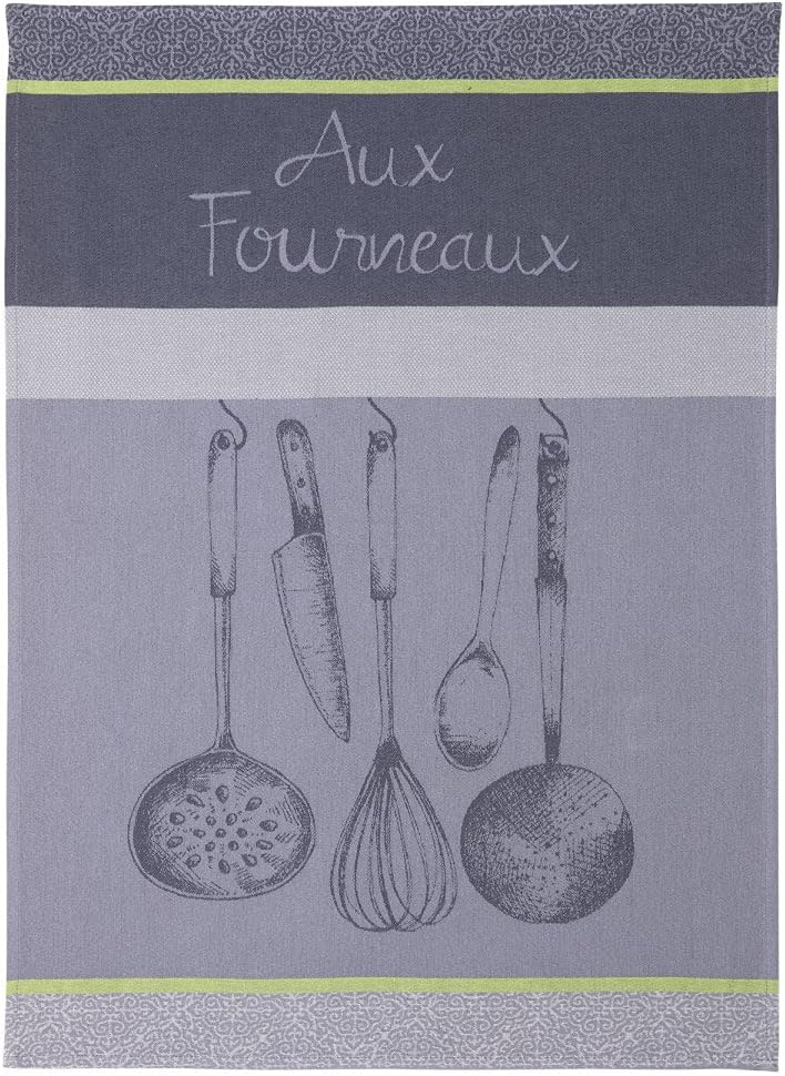 Coucke French Cotton Jacquard and Honeycomb Weave Towel, Aux Fourneaux, 20 by 30 Inches, Grey