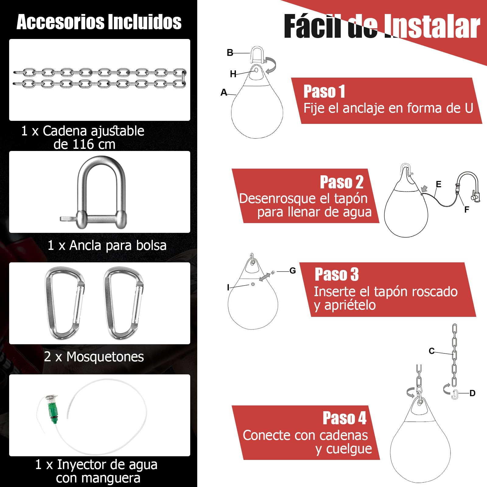 GYMAX Saco de Boxeo de Agua 45 cm 50 kg Cadena Metálica Ajustable