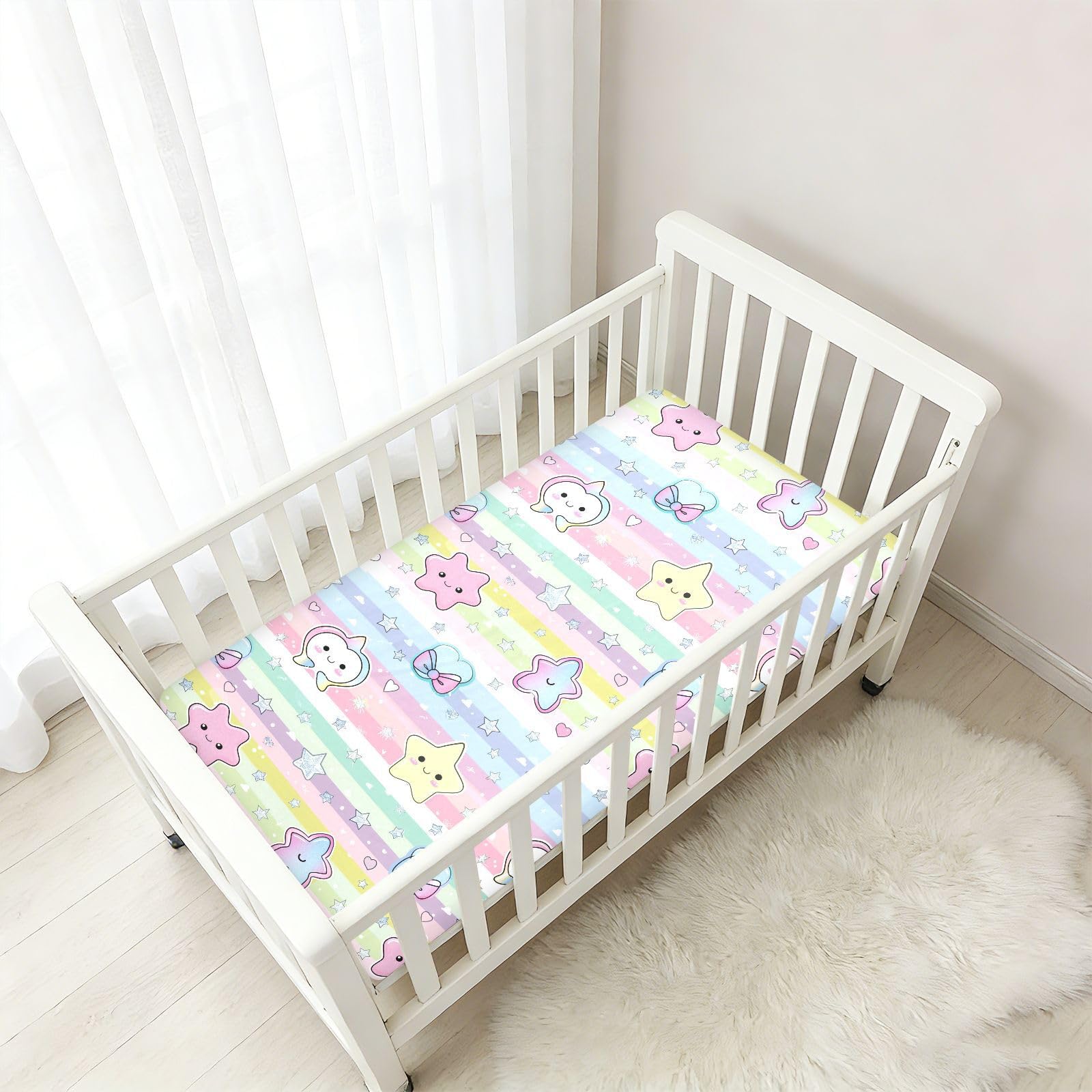 Sábanas de algodón para cuna de bebé, ultrasuaves, con diseño de dibujos animados de estrellas y lazos, 1 paquete de decoración para cuna de 52 x 28 pulgadas