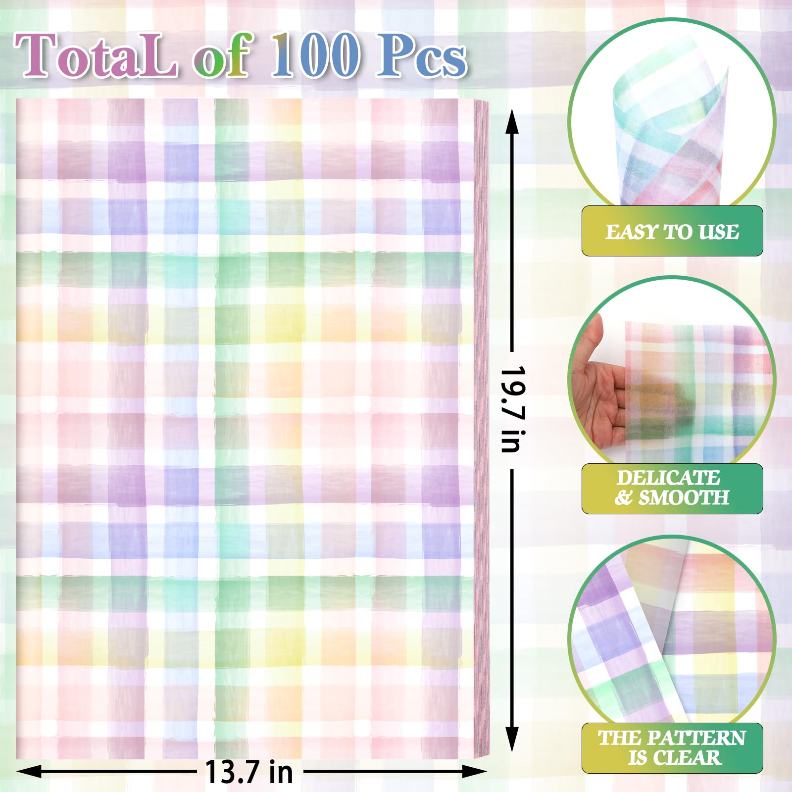 100 Sheet Pastel Buffalo Plaids Tissue Paper, 20x14in Watercolor Irregular Plaids Gift Wrapping Paper Pastel Plaids Art Craft Tissue for Spring Easter Party Supplies