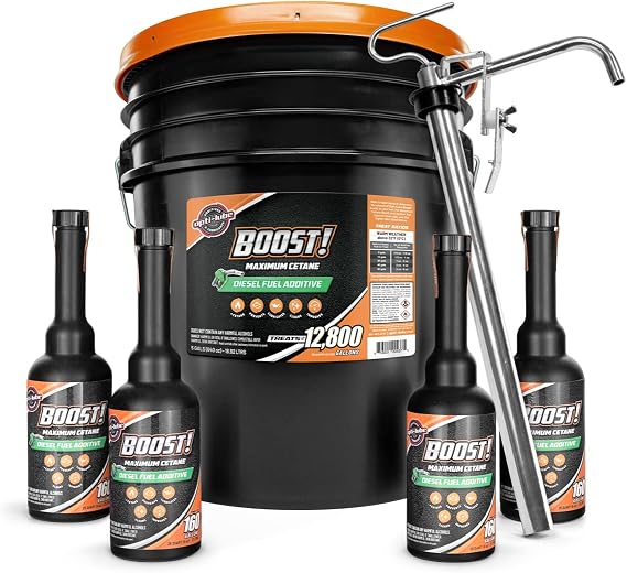 Opti-Lube Boost! Maximum Cetane Formula Diesel Fuel Additive: 5 Gallon Pail With Accessories - Treats up to 12,800 Gallons (Pail with LONG NECK Accessory Bottles and Metal Pump)