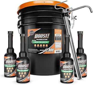Opti-Lube Boost! Maximum Cetane Formula Diesel Fuel Additive 5 Gallon Pail With Accessories - Treats up to 12,800 Gallons Pail with LONG NECK Accessory Bottles and Metal Pump